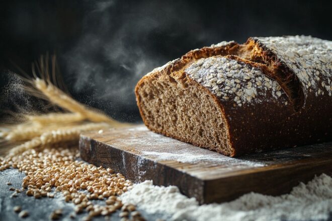 Pain de seigle rustique sur planche à découper