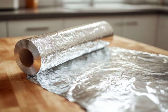 Gros plan d un rouleau de papier aluminium brillant sur un comptoir de cuisine en bois