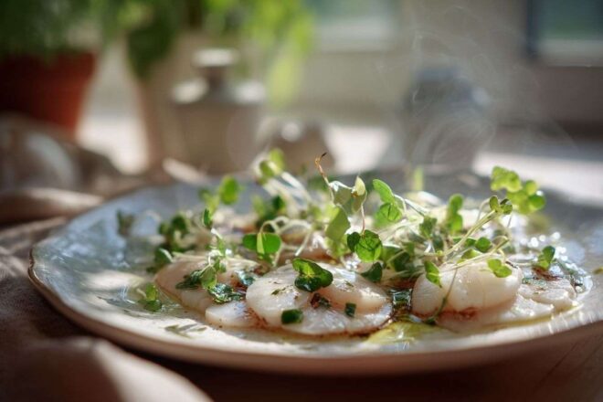 Présentation artistique de carpaccio de saint jacques