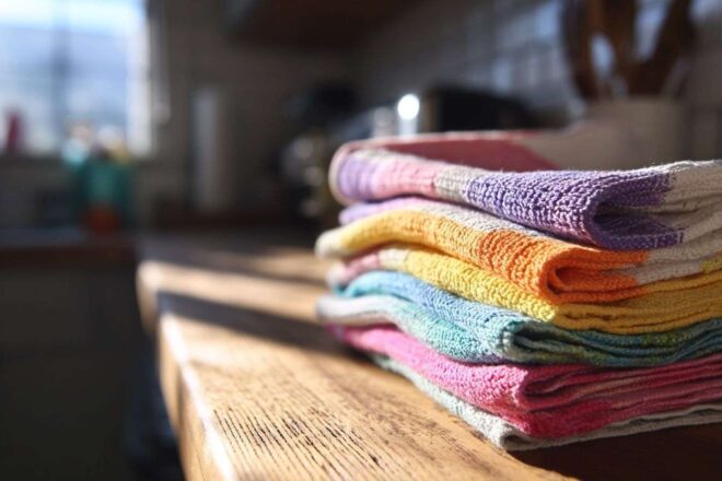 Torchon coloré plié sur comptoir en bois