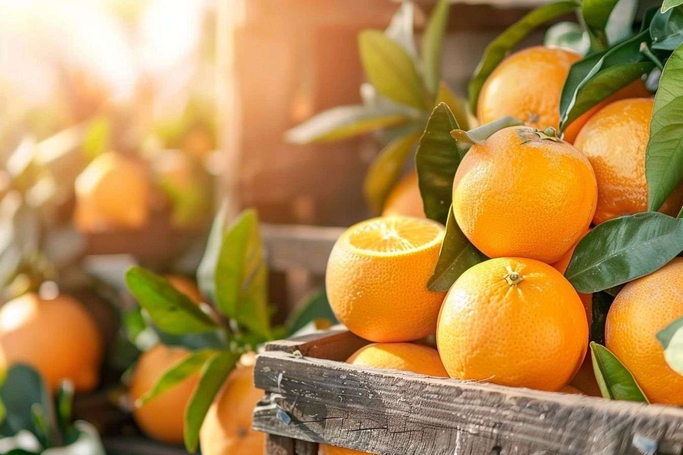 Image d'illustration. Gros plan d'oranges fraîches empilées dans une caisse en bois au marché