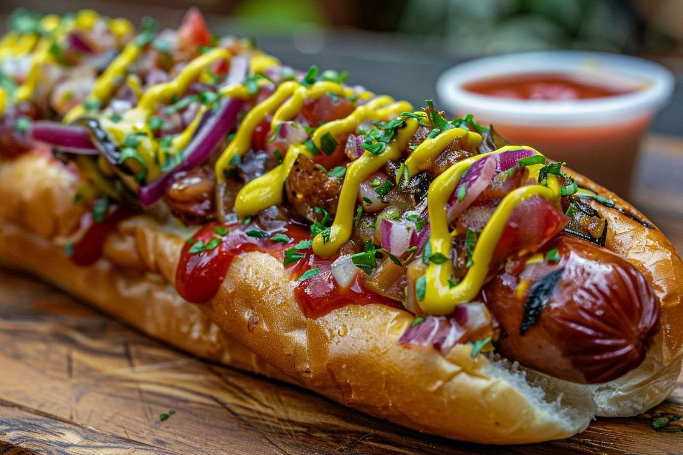 Image d'illustration. Gros plan d un délicieux hot dog avec moutarde et ketchup sur une table de pique nique en bois