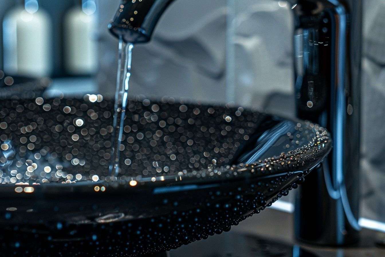 Image d'illustration. Gros plan d un évier noir élégant avec des gouttes d eau scintillantes