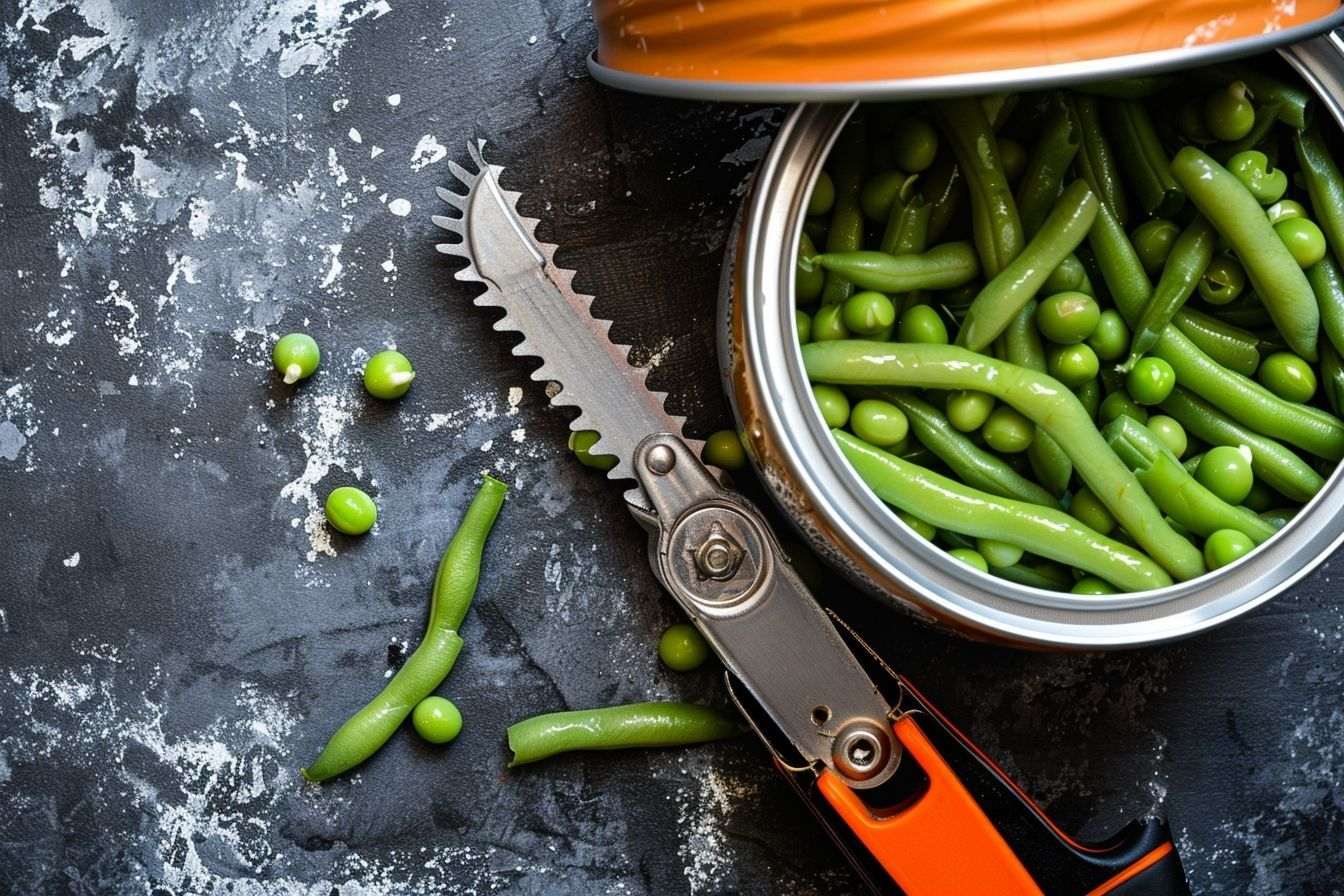 Image d'illustration. Un ouvre boîte à côté d une boîte de haricots verts ouverte