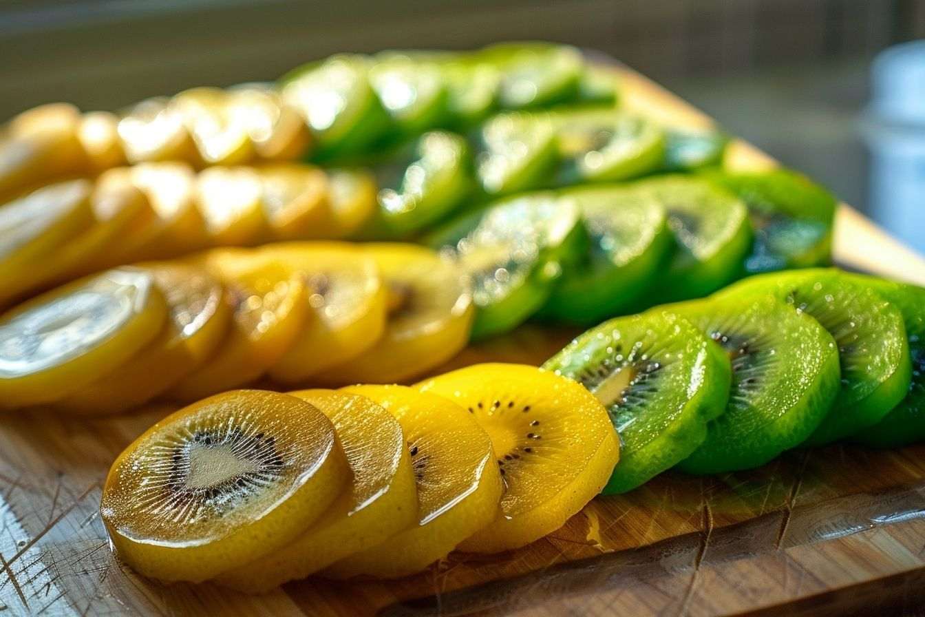 Image d'illustration. Gros plan de tranches de kiwi vertes et jaunes vibrantes