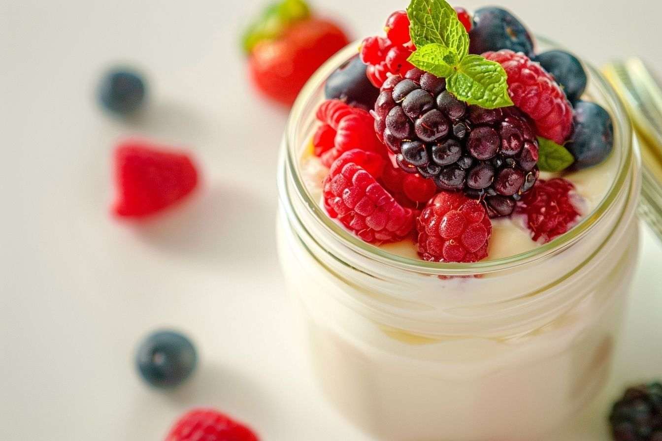 Image d'illustration. Gros plan de yaourt maison crémeux dans un bocal en verre avec des fruits frais