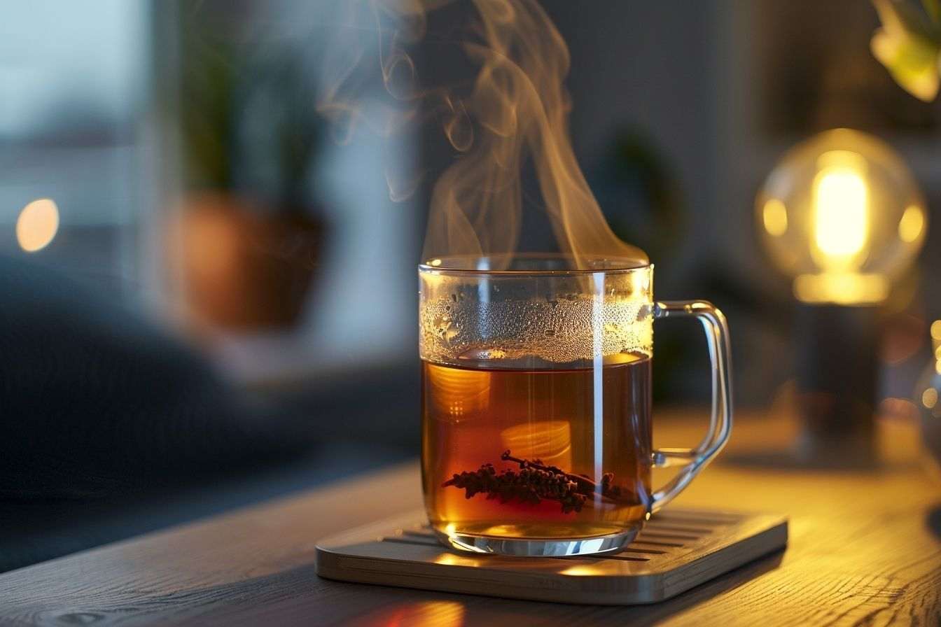 Image d'illustration. Tasse de tisane fumante sur table de chevet