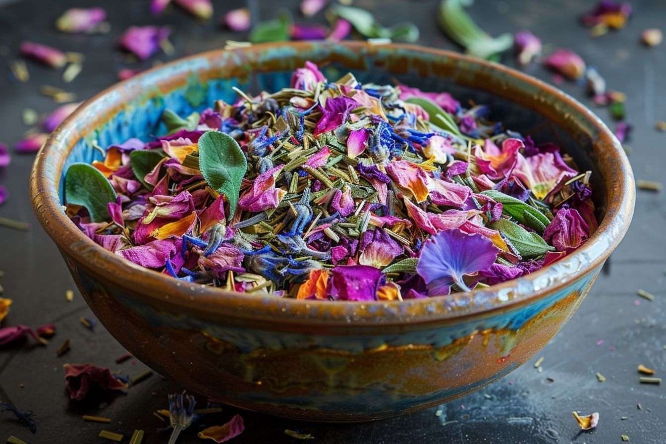 Image d'illustration. Bol coloré de fleurs séchées et herbes aromatiques, pot-pourri.
