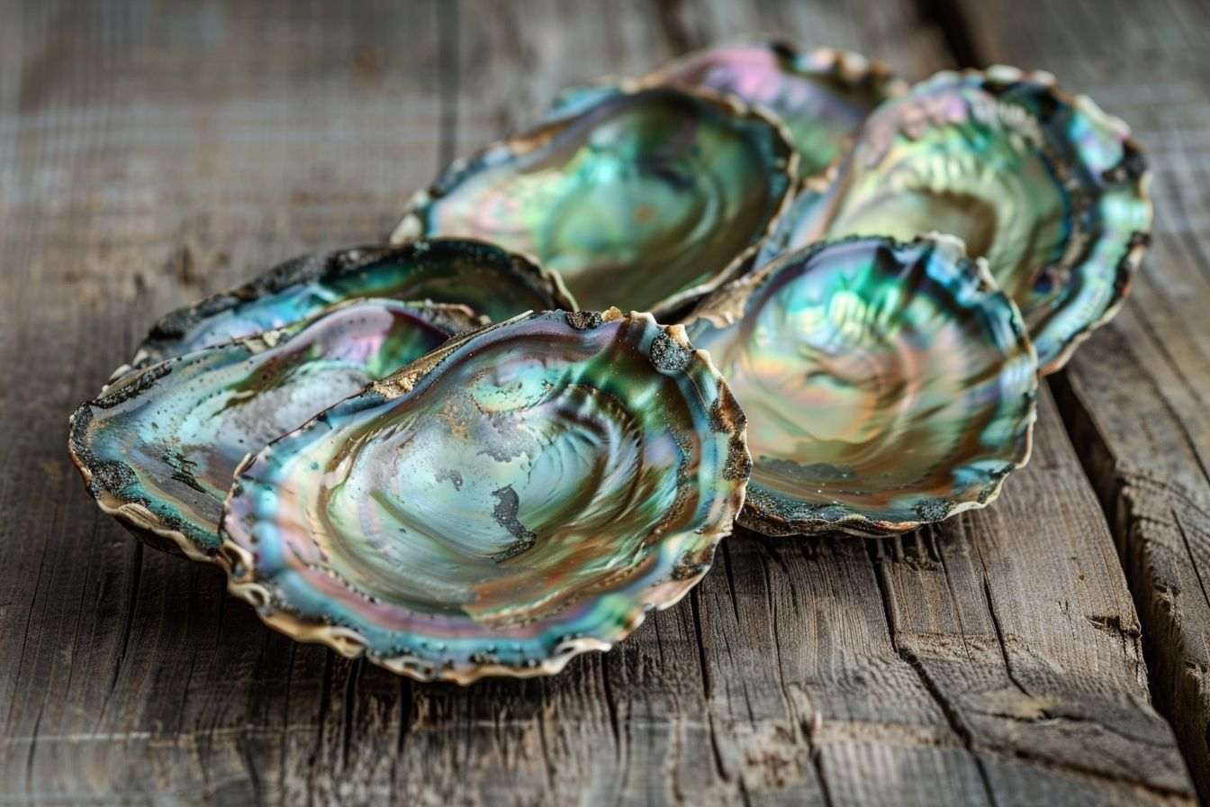 Image d'illustration. Gros plan de coquilles d ormeaux fraîches sur une table en bois rustique