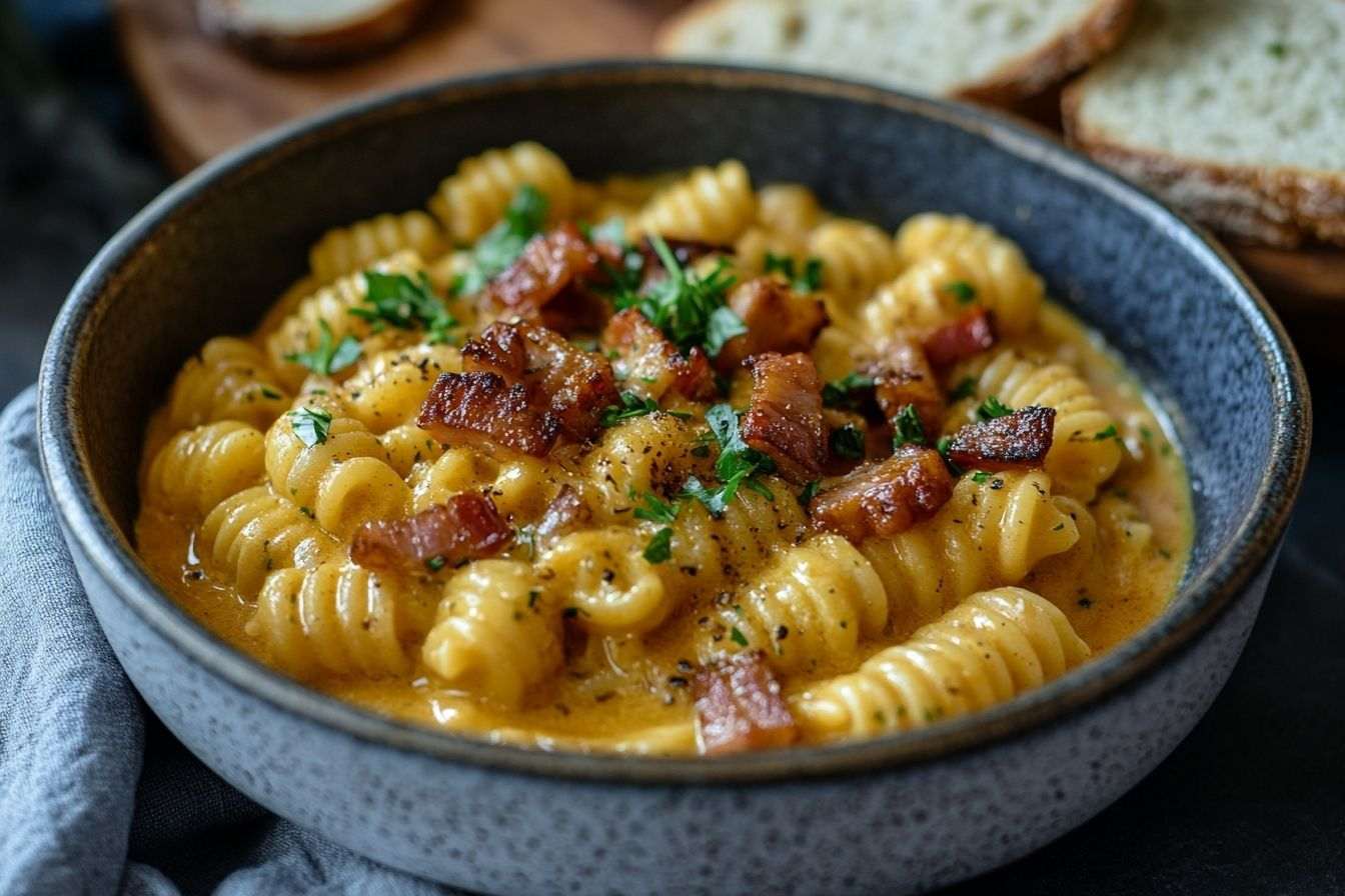 Image d'illustration. Élégant bol de pâtes au curry avec lardons