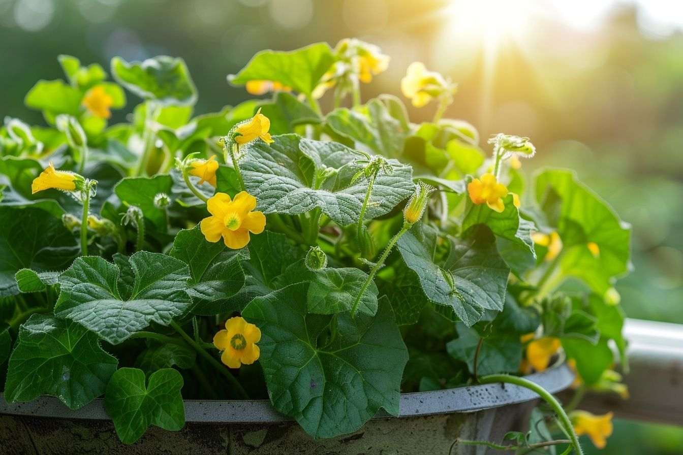 Image d'illustration. Un plant de concombres en pot sous la lumière du soleil