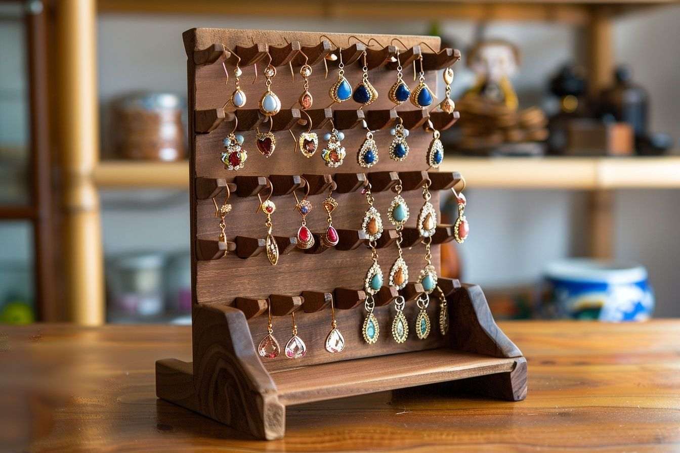 Image d'illustration. Présentoir en bois élégant pour boucles d oreilles