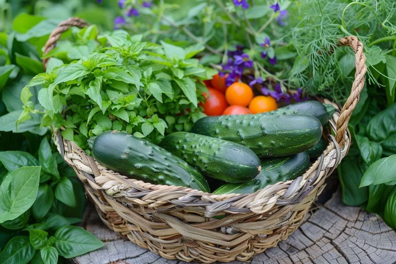 Image d'illustration. Concombres frais dans un panier tressé