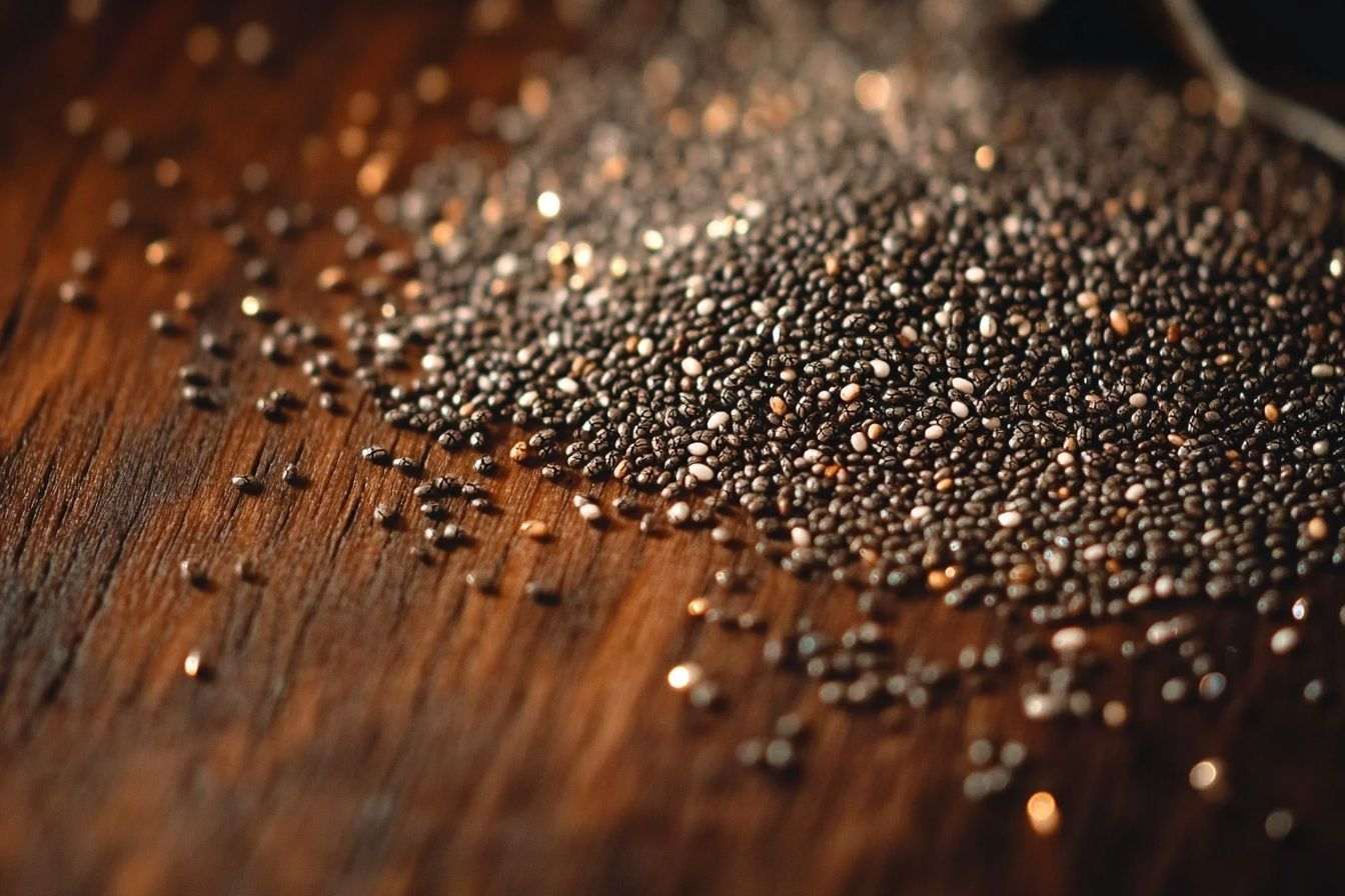 Image d'illustration. Gros plan de graines de chia sur bois