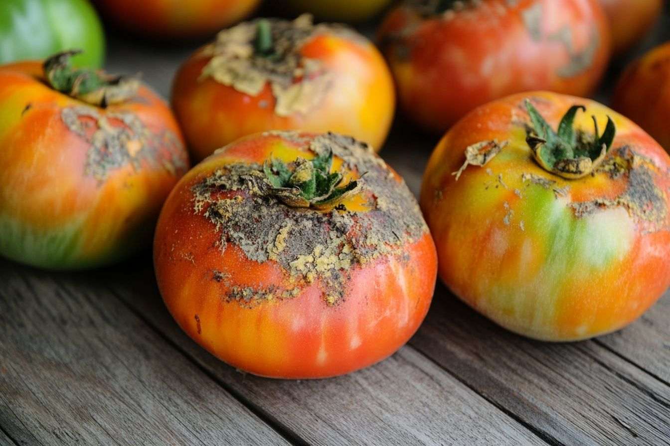 Image d'illustration. Gros plan de tomates mûres avec signes visibles de moisissure sur une table en bois rustique