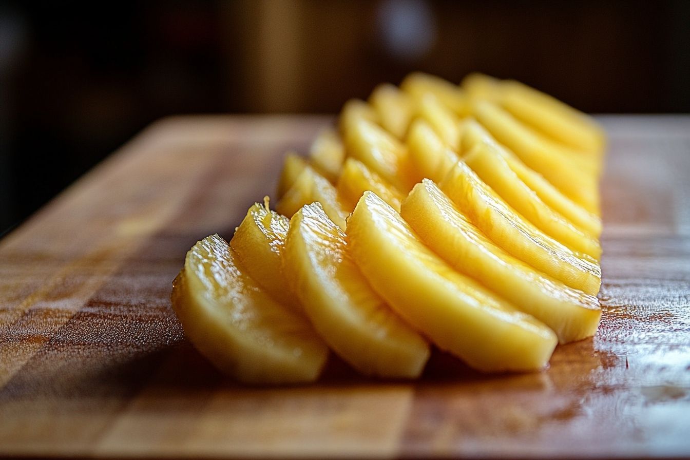 Image d'illustration. Gros plan de tranches d ananas sur planche en bois