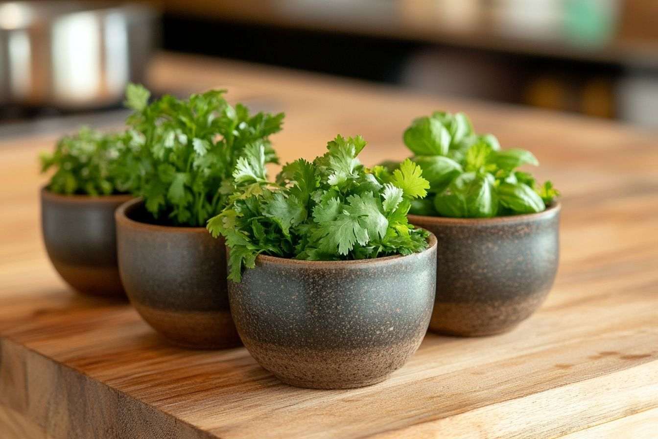 Image d'illustration. Gros plan sur petits pots de coriandre et basilic frais