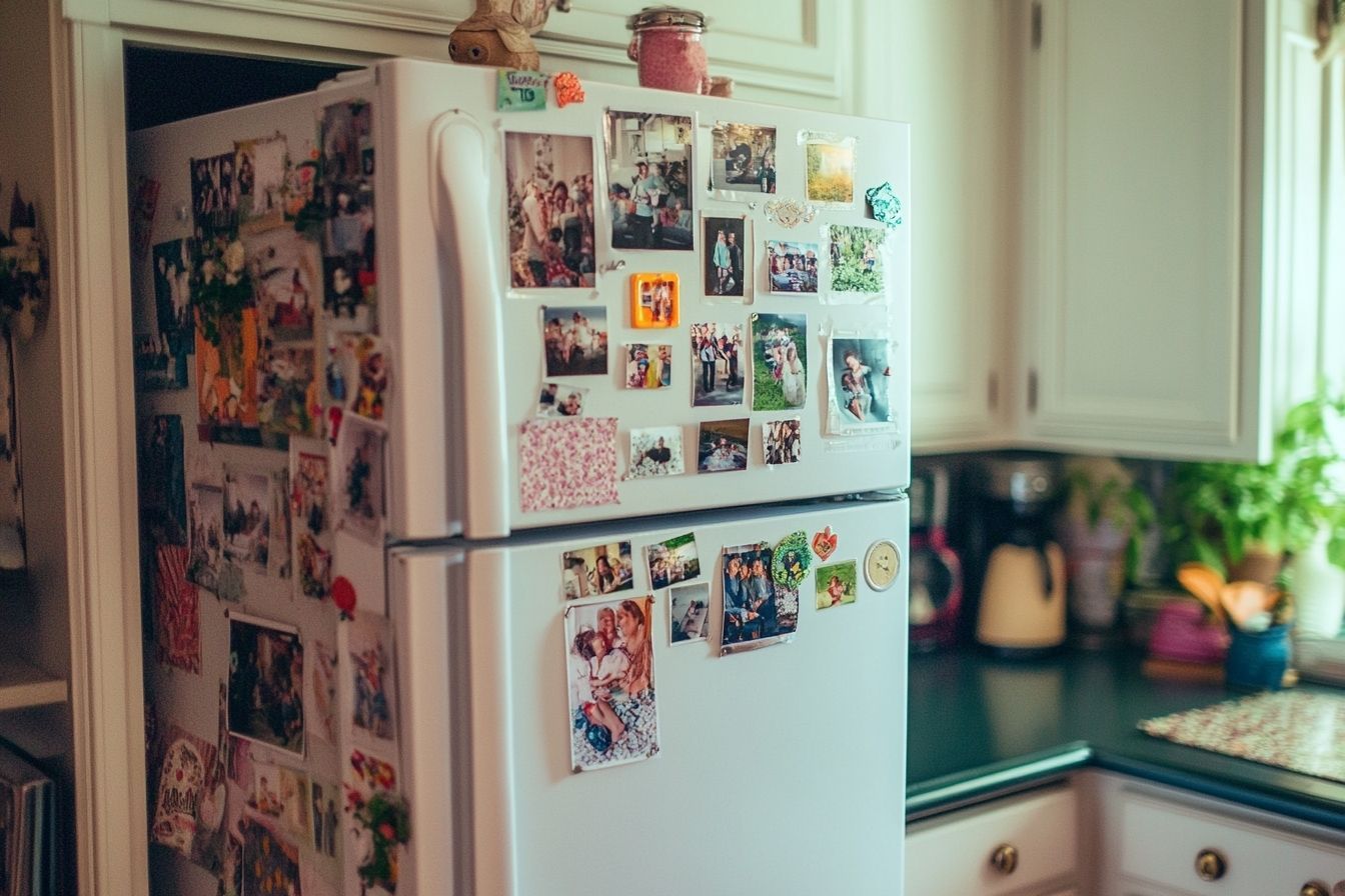 Image d'illustration. Porte de réfrigérateur décorée de magnets colorés