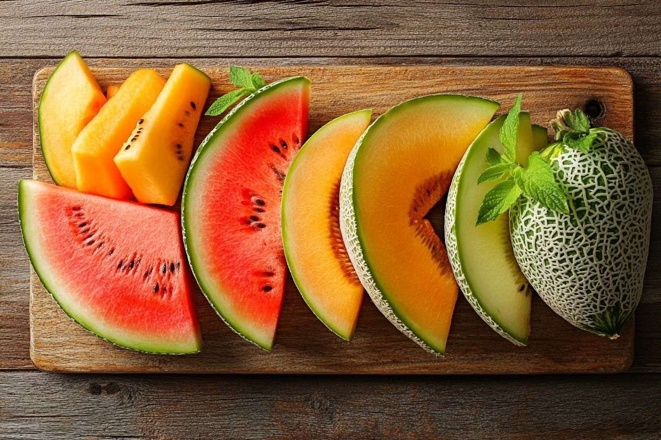 Image d'illustration. Arrangement artistique de melon tranché sur planche