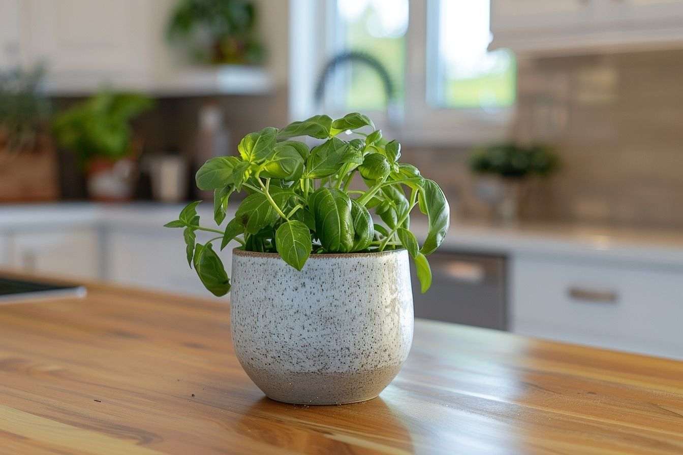 Image d'illustration. Feuilles de basilic fraîches en pot sur table en bois