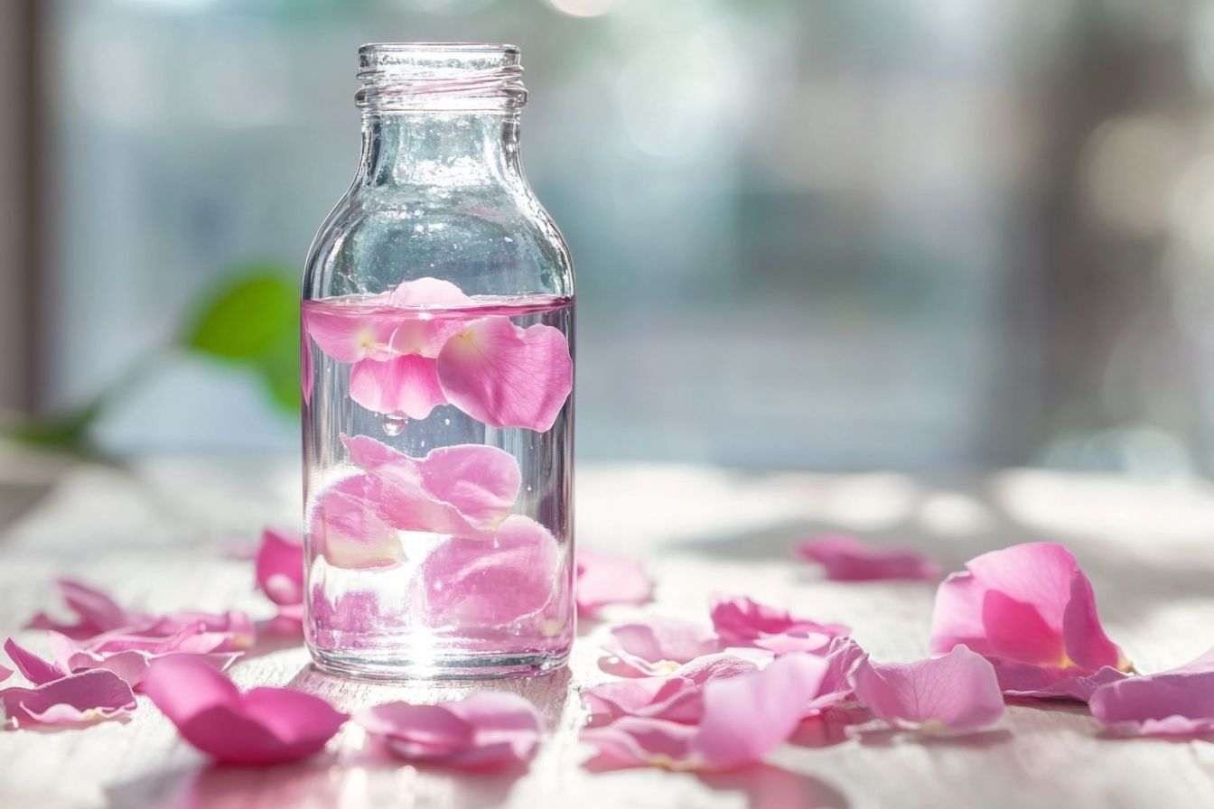 Image d'illustration. Gros plan d une bouteille en verre délicate remplie d eau de rose scintillante