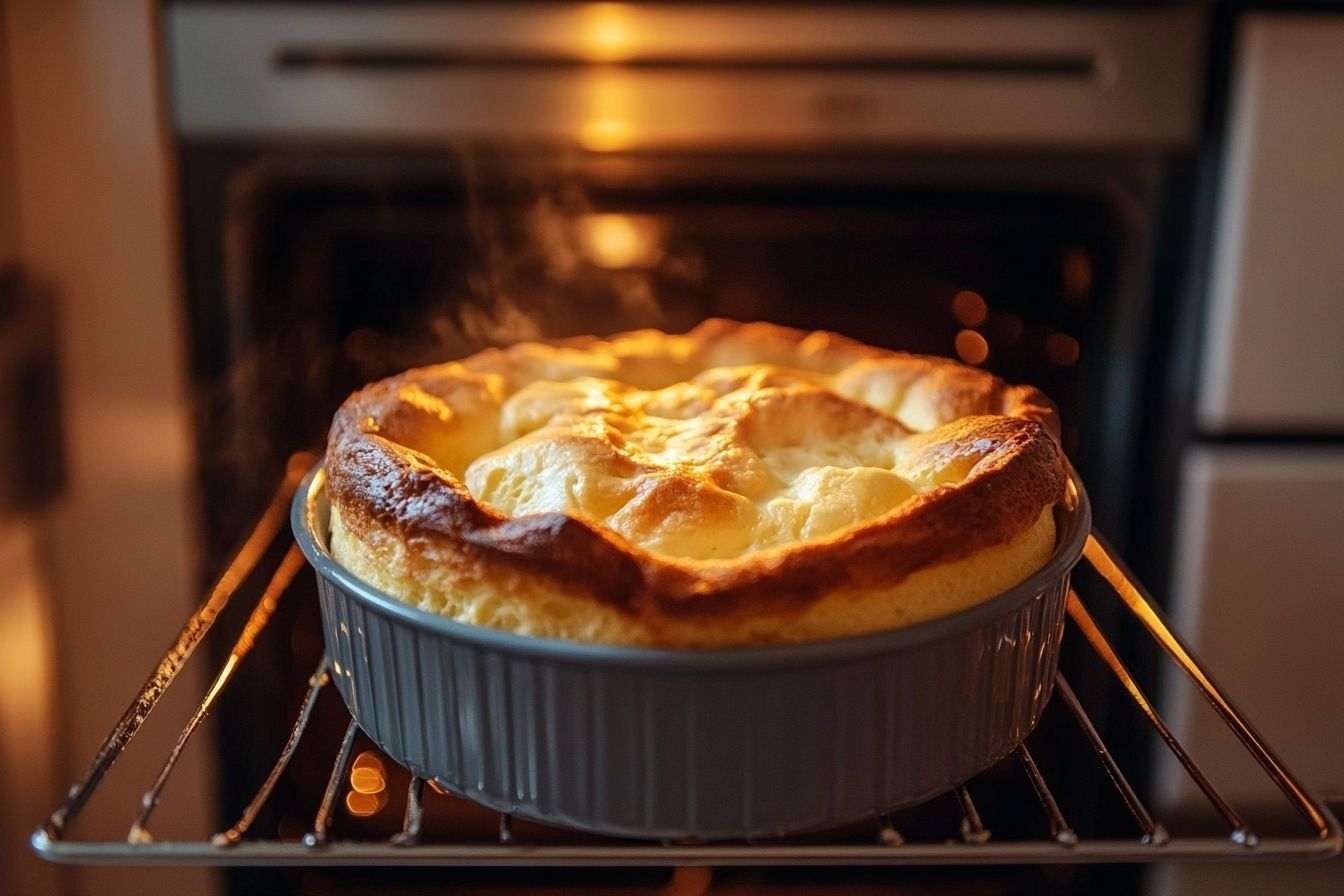 Image d'illustration. Porte de four ouverte révélant un soufflé parfaitement levé