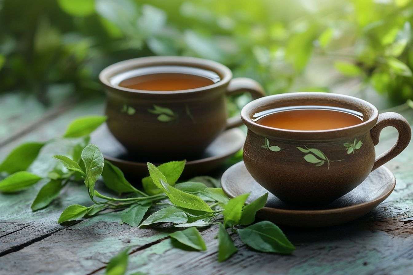 Image d'illustration. Tasses à thé artisanales et feuilles de tulsi fraîche