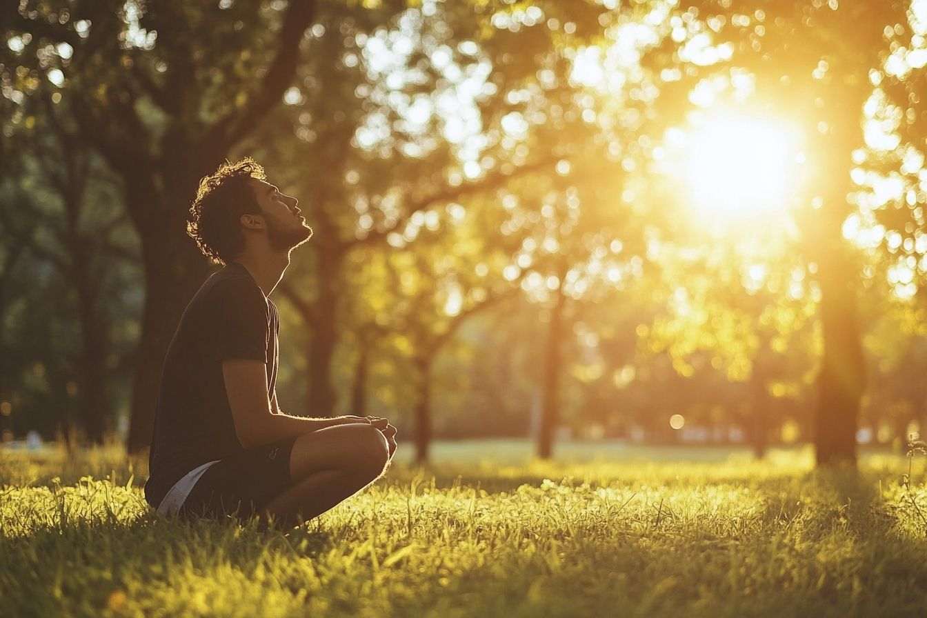 Image d'illustration. Vue de profil pause respiration dans parc ensoleillé