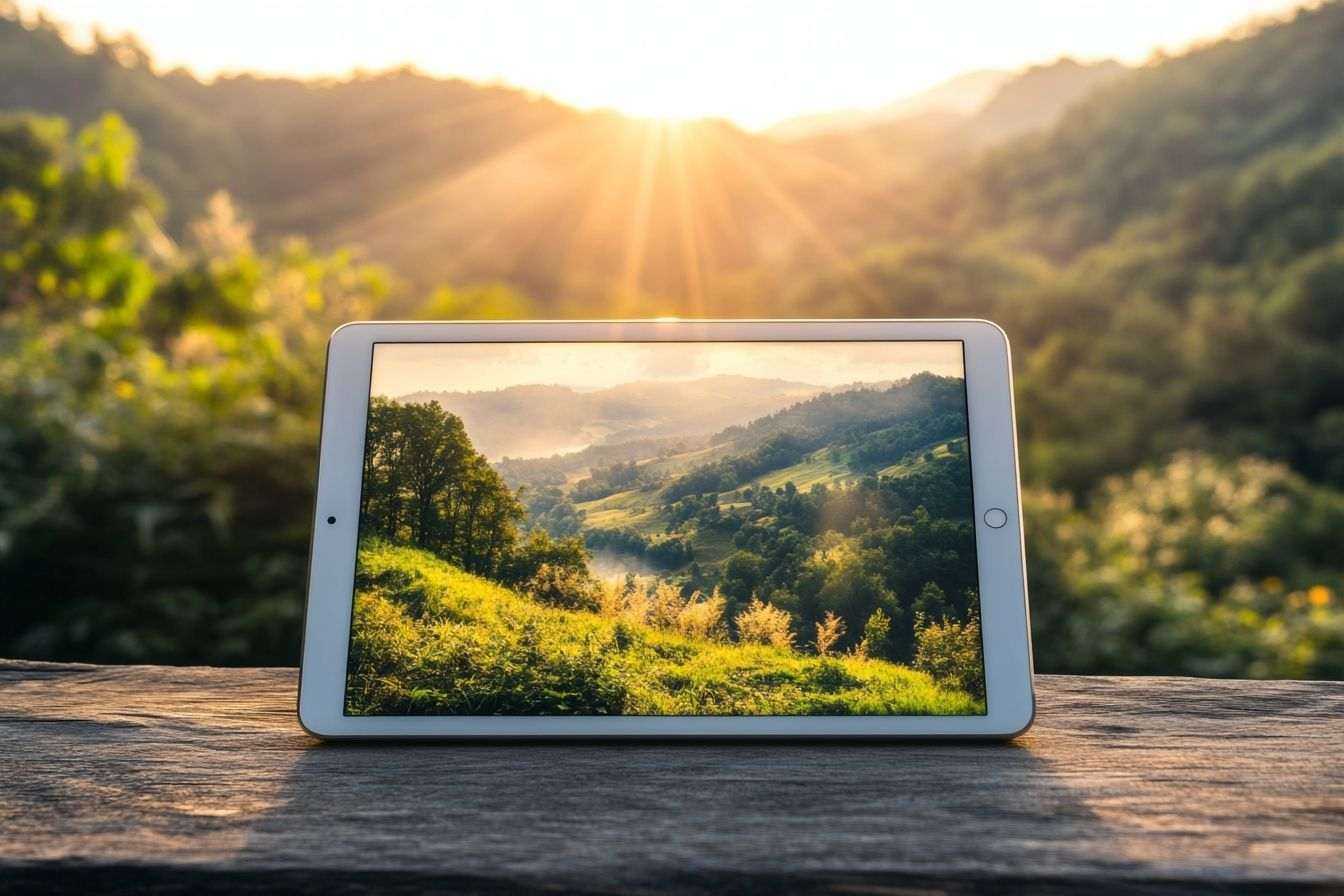 Image d'illustration. Ipad sur table en bois avec photo de paysage en plein soleil