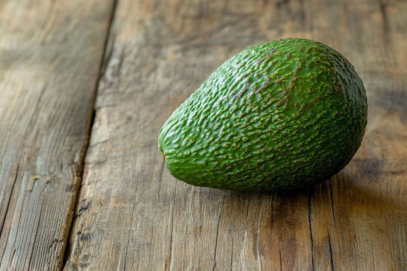 Un avocat entier posé avec élégance sur une table en bois rustique, mettant en valeur sa peau verte vibrante et sa texture lisse.