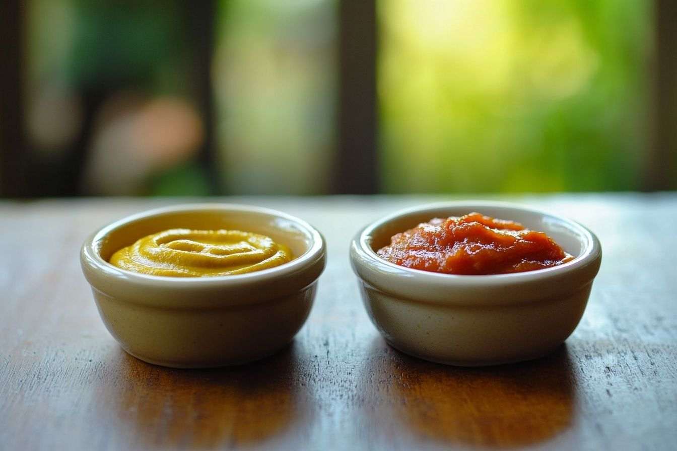 Image d'illustration. Bols de moutarde et sauce tomate