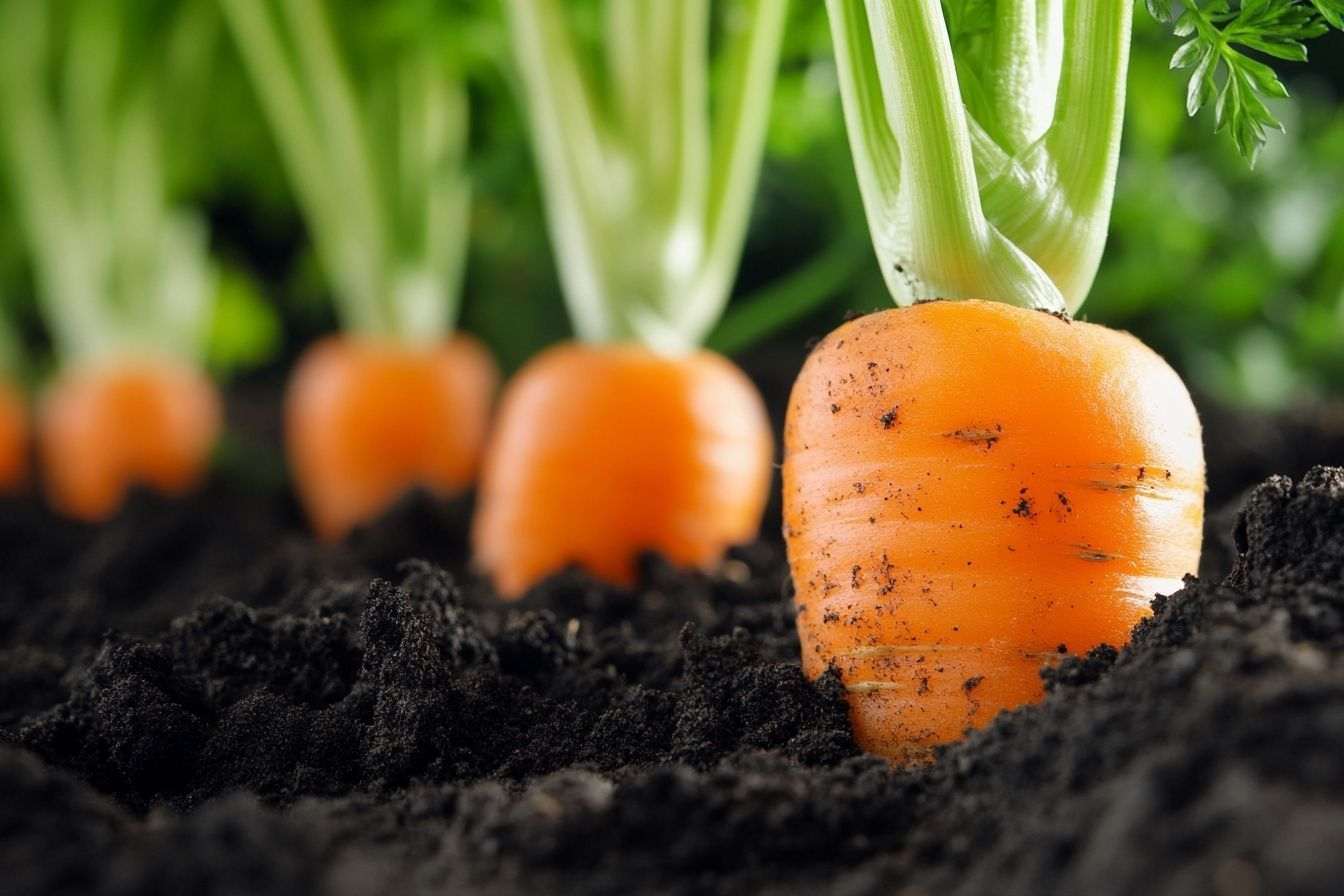 Image d'illustration. Gros plan de carottes fraîches dans la terre