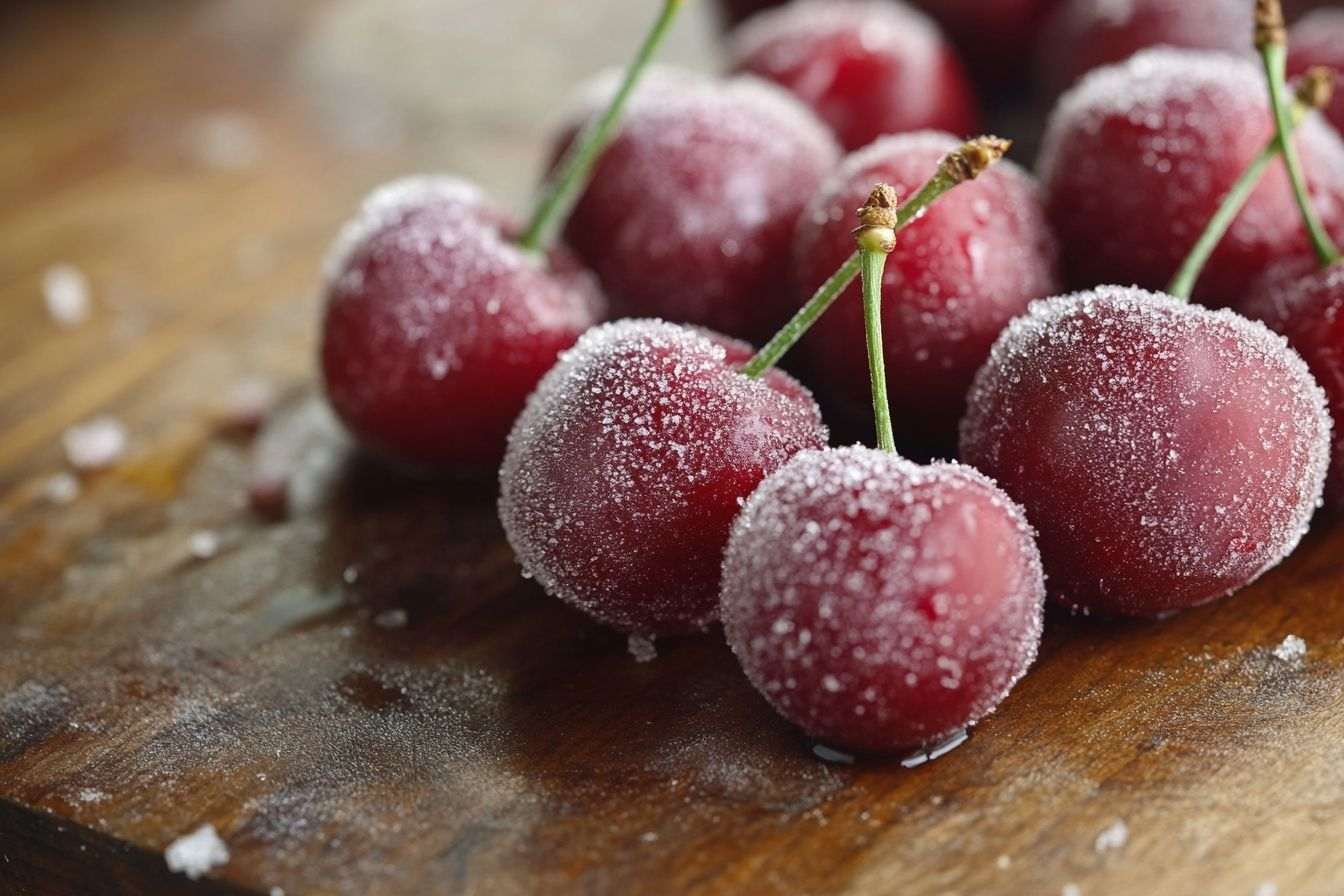 Cette image montre des cerises glacées de près qui dégèlent lentement sur un comptoir en bois de cuisine, brillantes d'humidité.