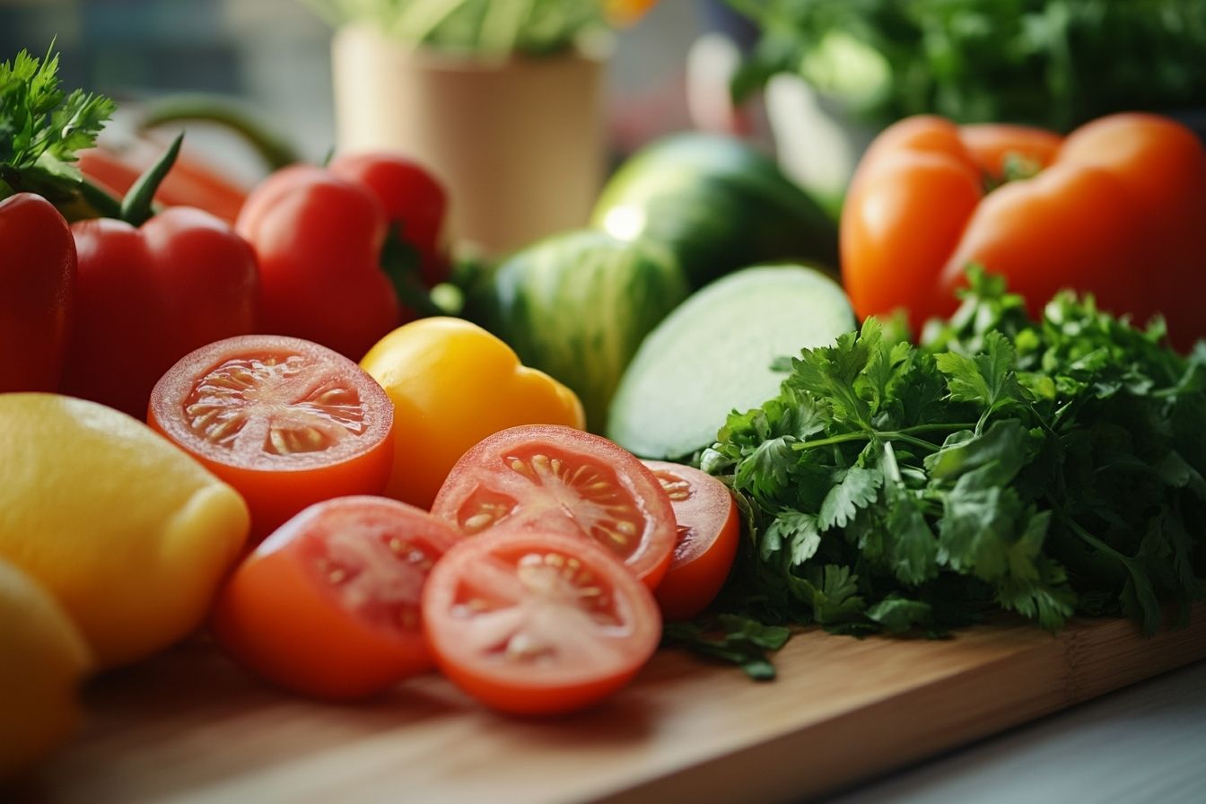 Une composition culinaire artistique illustrant des ingrédients frais pour une nutrition équilibrée et mettant en avant des pistes pour la santé digestive.