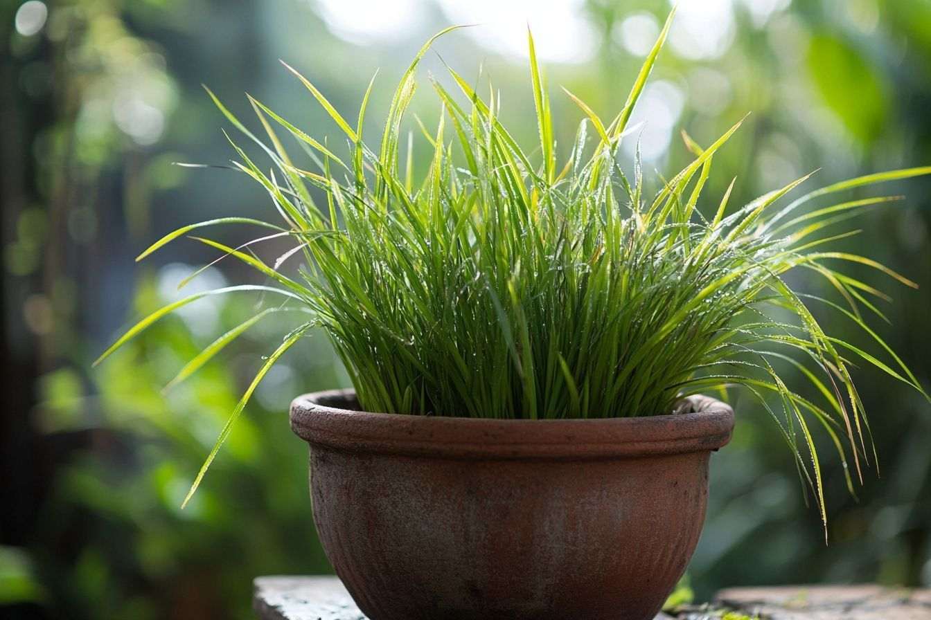 Une sélection de citronnelle et citronelle disposée dans un pot rustique, exhalant un parfum frais et apaisant.