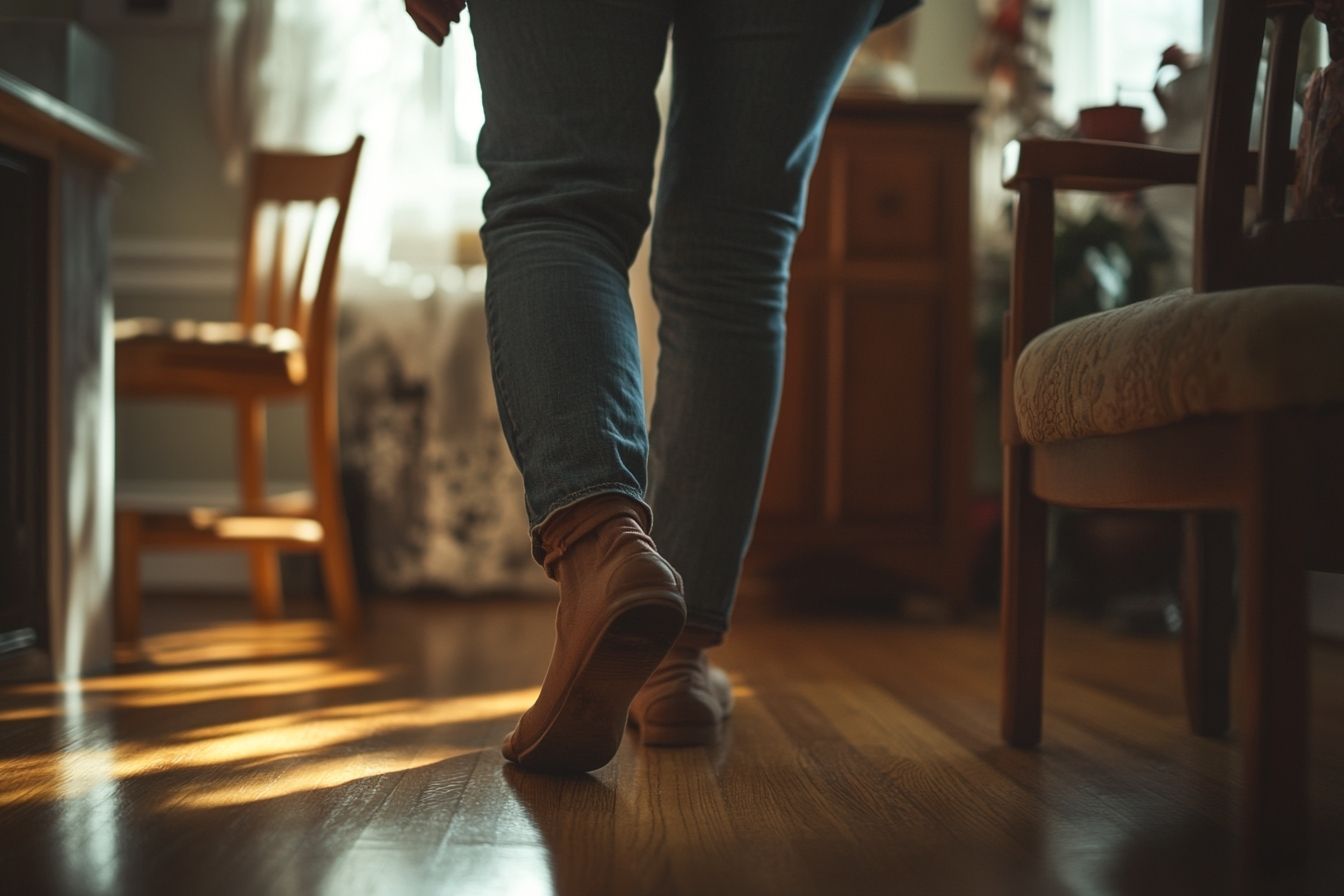 Une personne s'étire en position debout tout en se tenant à un meuble pour se stabiliser.