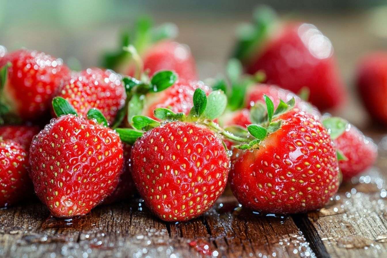 Gros plan sur des fraises fraîches scintillant de rosée du matin sur une table en bois rustique.