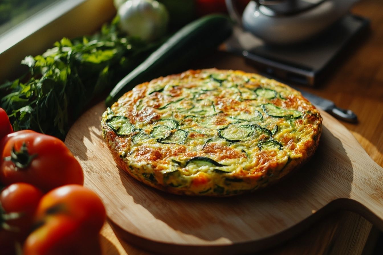 Une délicieuse frittata aux courgettes avec une croûte dorée, posée sur une planche à découper à côté de légumes frais.