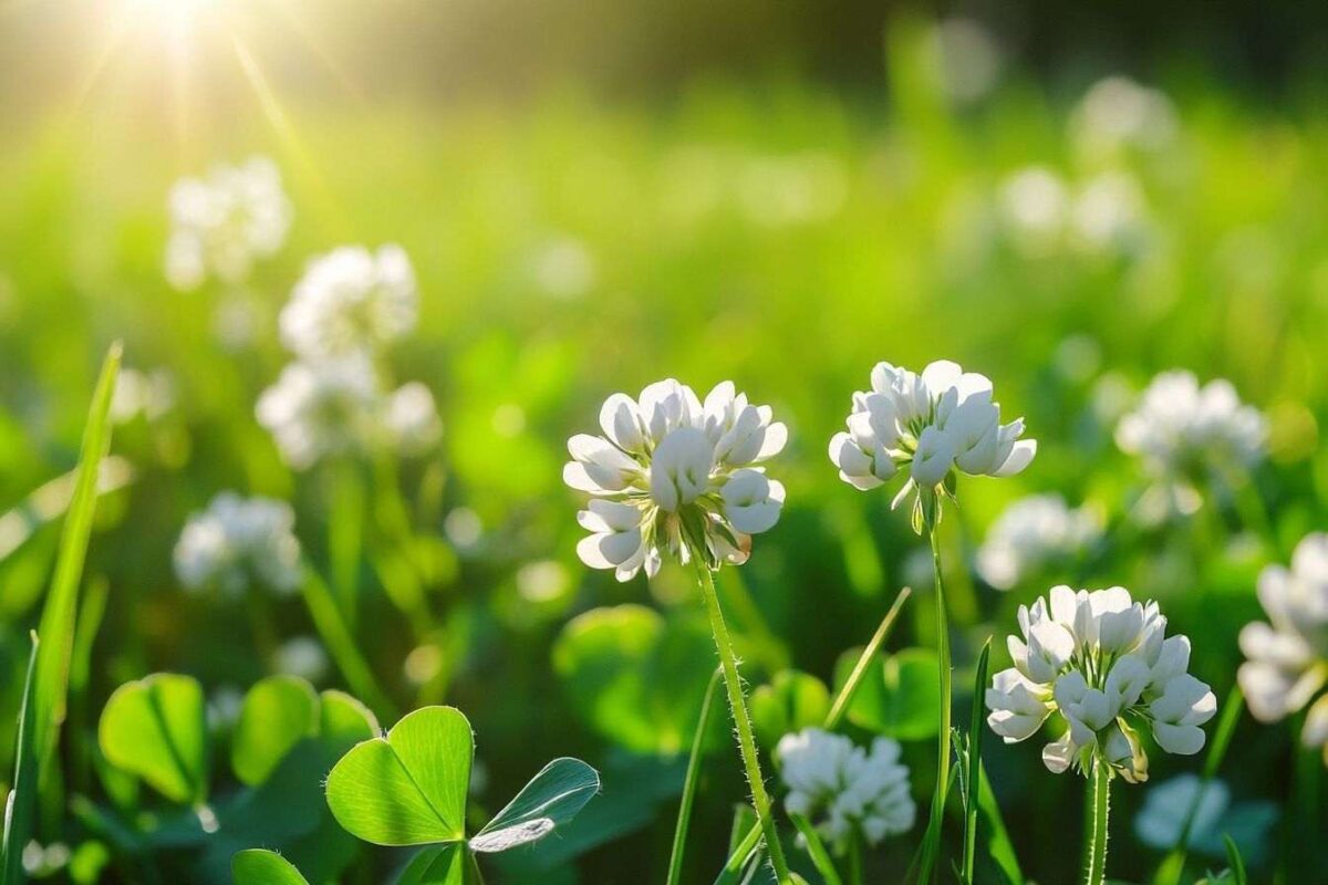 Gros plan de fleurs de trèfle blanc sous le soleil