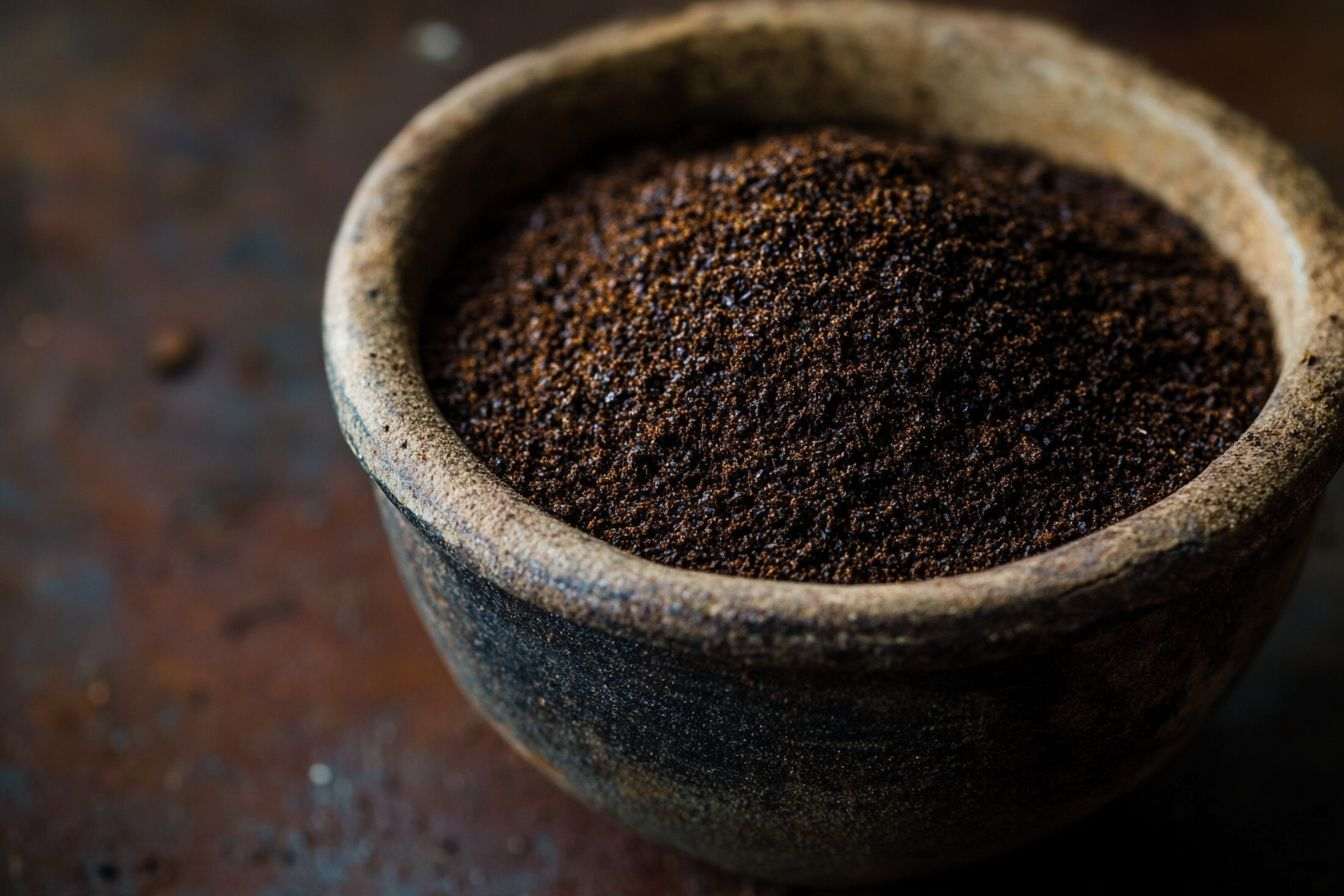 Gros plan sur du marc de café usagé dans un bol rustique mettant en valeur la texture riche et les tons terreux.