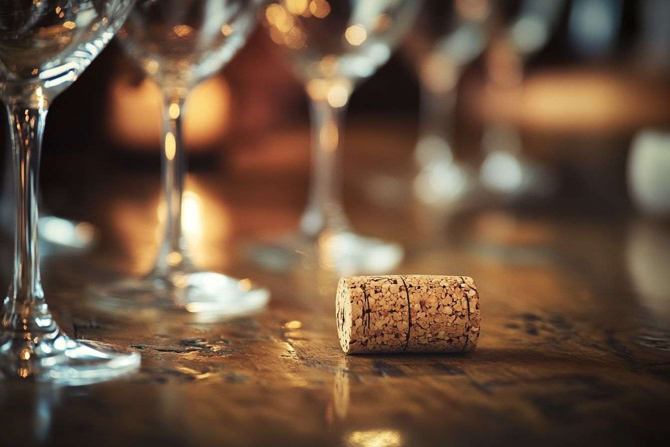 Photo détaillée d'un bouchon en liège disposé avec élégance sur une table en bois rustique, entouré de verres à vin.