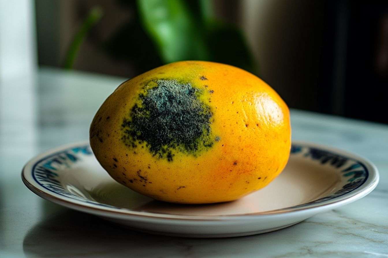 Photographie en gros plan d'un fruit frais avec une petite tache de moisissure sur un côté, révélant des couleurs contrastées.