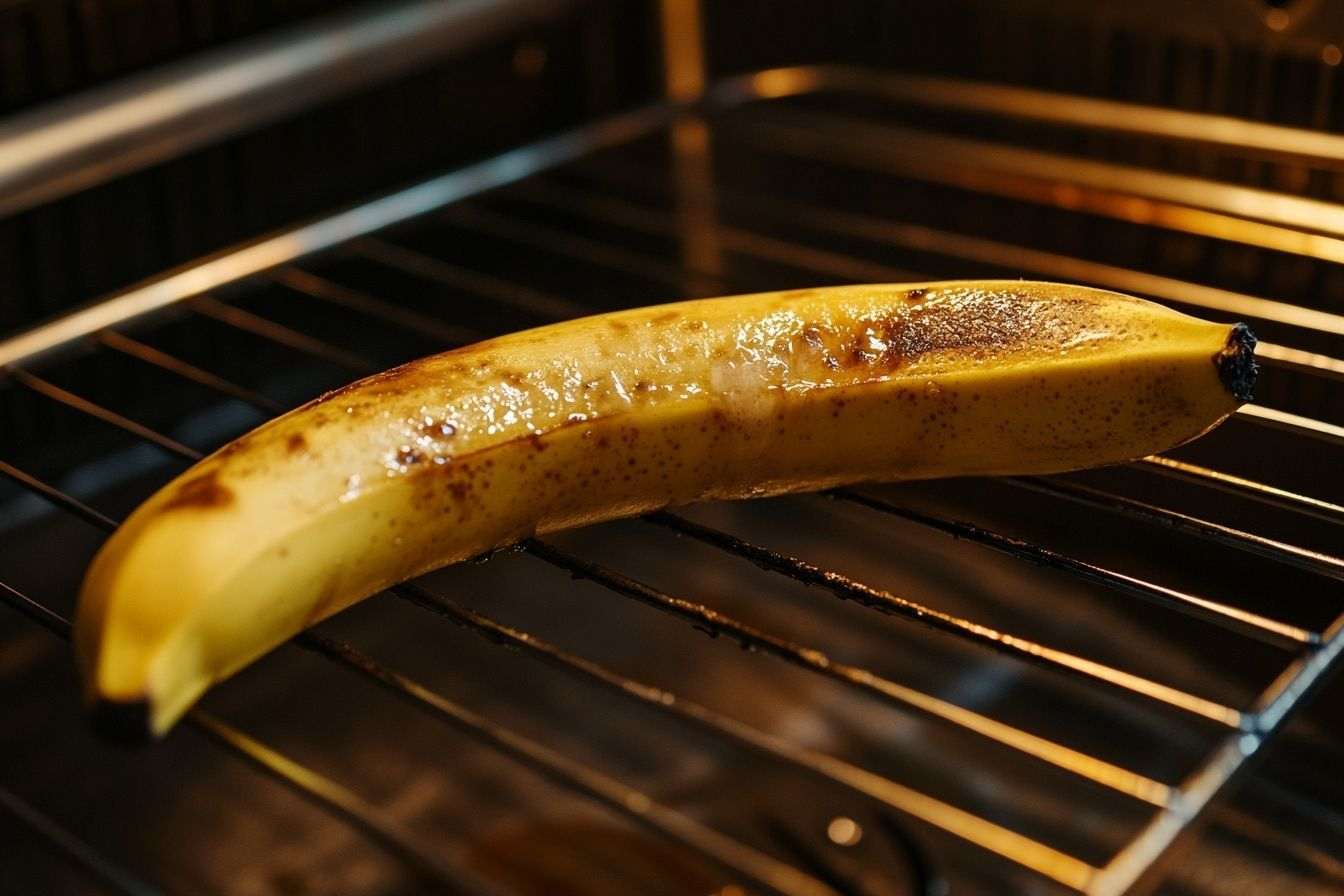 Une banane mûre repose sur une grille de four, sa peau dorée brillant sous l'effet de la chaleur.