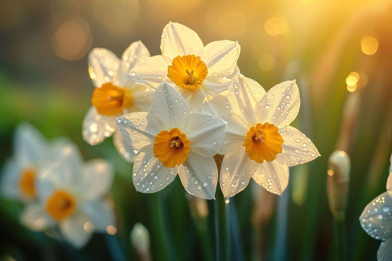 Un groupe de fleurs de narcisses avec des gouttes de rosée scintillant sur leurs pétales à la lumière du matin.