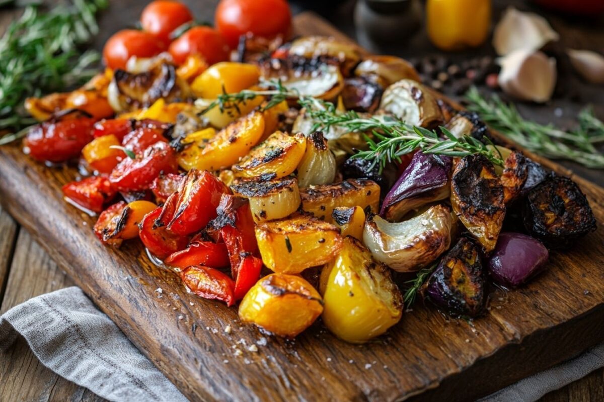 Légumes rôtis colorés sur planche rustique