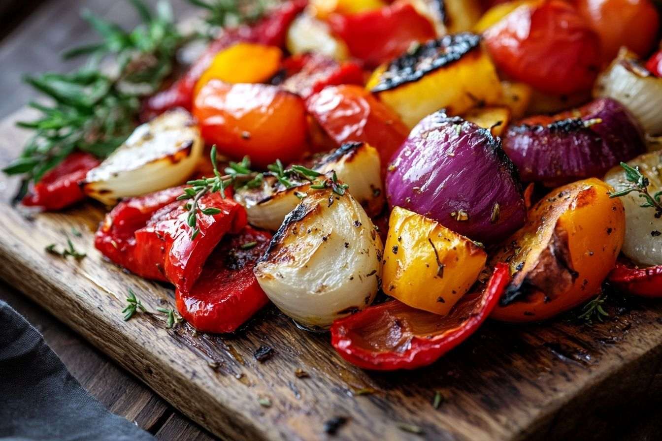 Un plat traditionnel catalan d'escalivada sur une planche en bois rustique avec des légumes colorés.