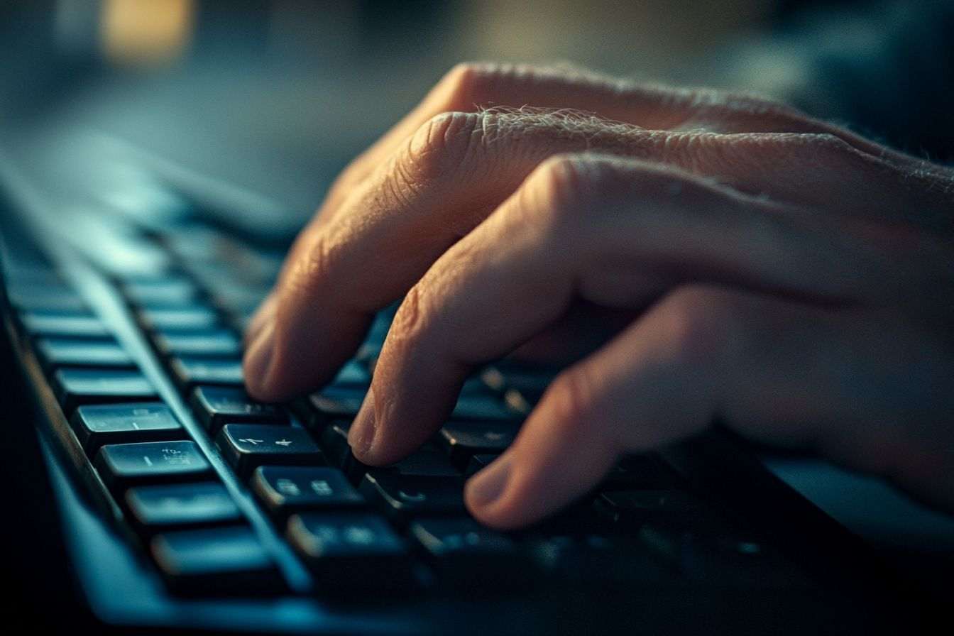 Gros plan d'une main sur clavier d'ordinateur montrant l'inconfort et la tension des doigts