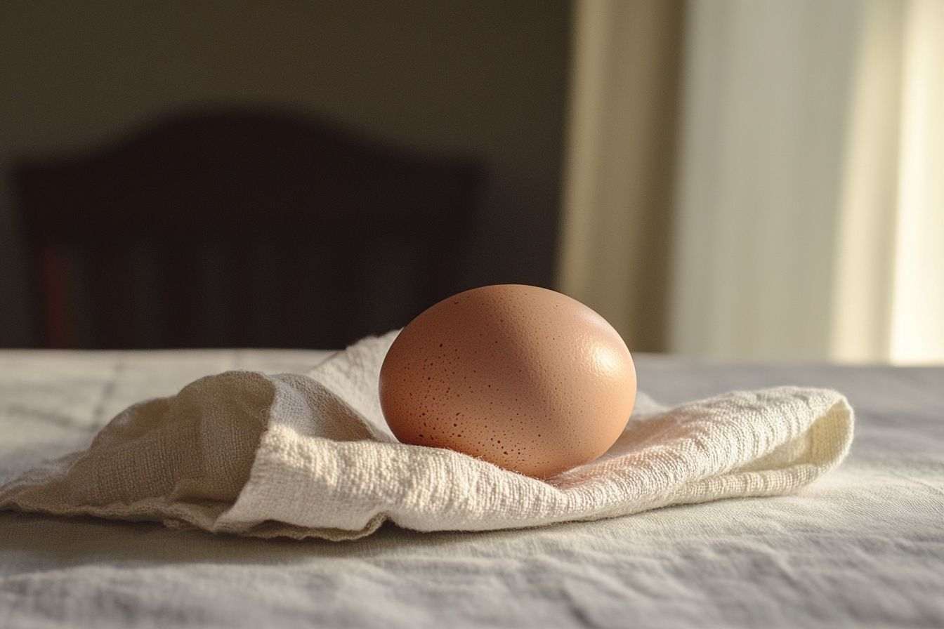 Un œuf posé délicatement sur une serviette de lin fraîche, illuminé par la douce lumière du matin.