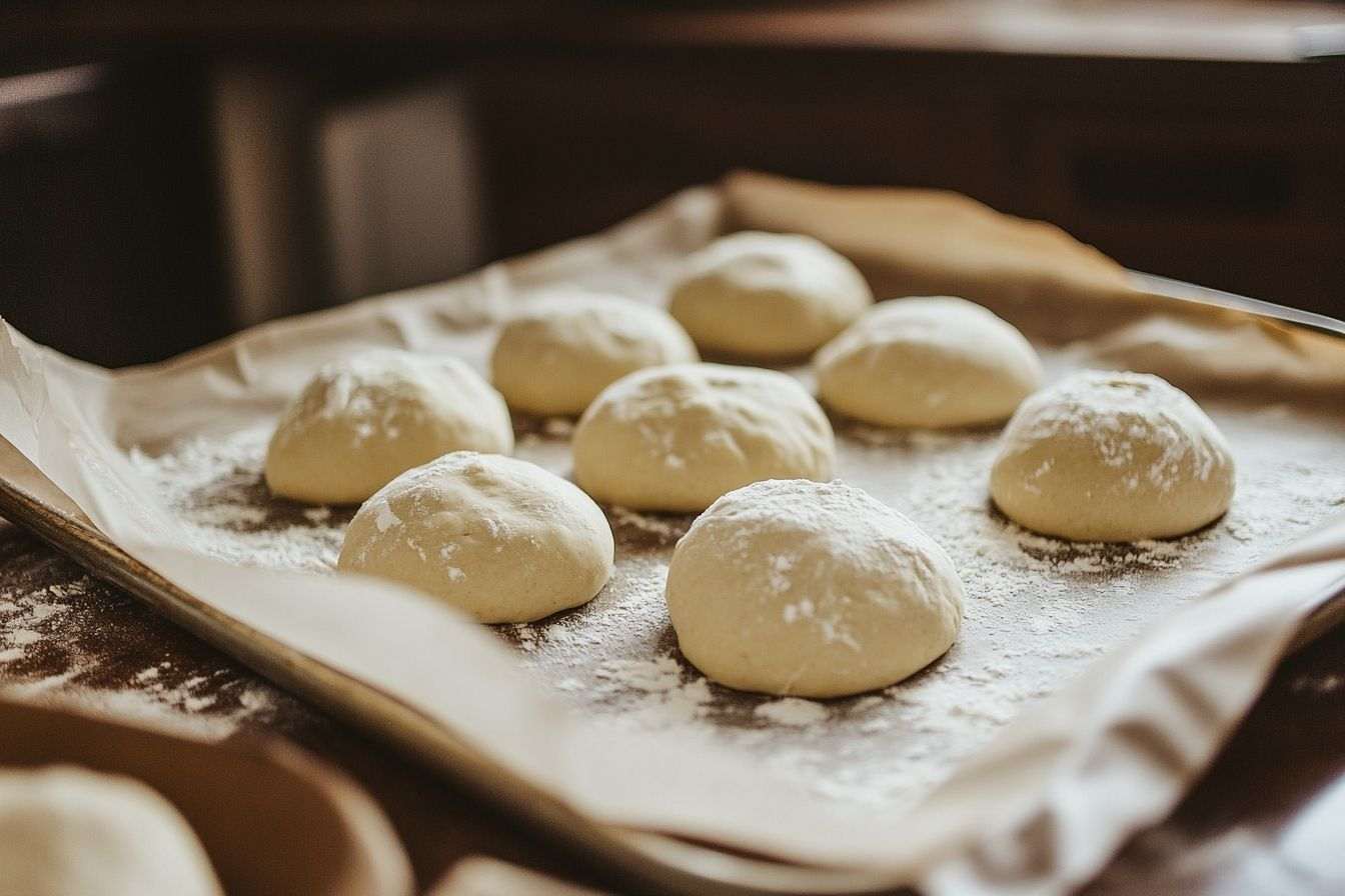 Une plaque de cuisson recouverte de papier parchemin avec une pâte fraîche déposée dessus, mettant en avant la préparation d'un délice.