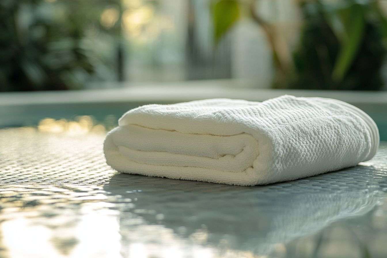 Gros plan d'une serviette pliée avec soin, évoquant l'élégance d'un spa, reposant sur une surface en pierre lisse.
